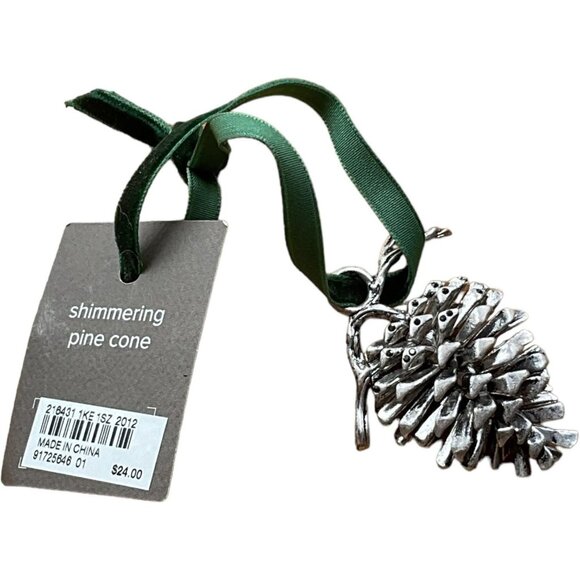J. Jill Shimmering Pine Cone Ornament Green Ribbon Silver Tone Metal Holiday - Picture 2 of 4